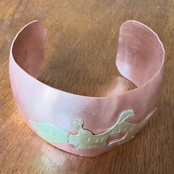 Copper and Brass Cuff Bracelet Abstract Animal Mid Century Hand Made in Mexico - Picture 5 of 12